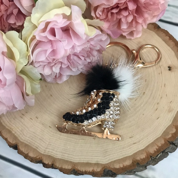Black & Gold Crystal Ice Skate with Pom Pom Keychain Charm - Picture 5 of 8